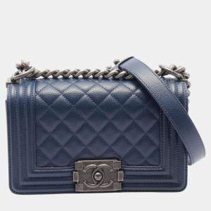 Chanel Navy Caviar Skin (Grained Calf) Boy Chanel Small Matelasse Shoulder Bag