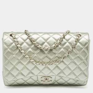 Chanel Metallic Mint Green Quilted Leather Maxi Classic Double Flap Bag
