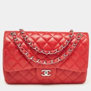 Chanel Red Quilted Leather Jumbo Classic Double Flap Bag