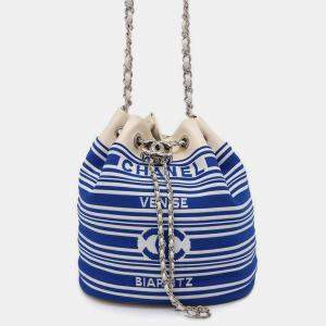 Chanel White/Blue Leather Knit Drawstring Bag Chainbag