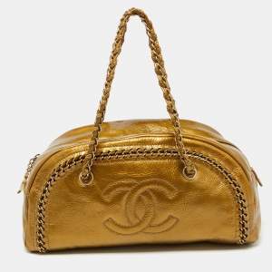 Pre Owned Chanel Metallic Gold Leather Medium Chain Trim Luxe Ligne Bowler Bag
