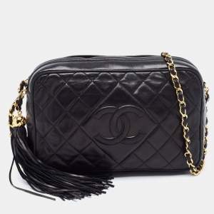 Pre Owned Chanel Black Quilted Leather Tassel Camera Bag