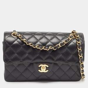 Pre Owned Chanel Black Quilted Caviar Leather Small Classic Double Flap Bag