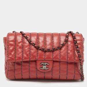 Pre Owned Chanel Dark Red Vertical Stitch Leather Jumbo Single Flap Bag