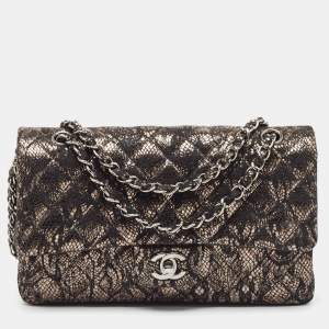 Pre Owned Chanel Black/Metallic Quilted Lace Medium Classic Double Flap Bag