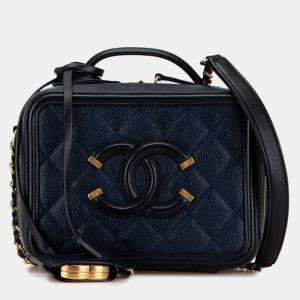 Chanel Navy Black Caviar Skin Matelasse Cc Filigree Chain Shoulder Bag