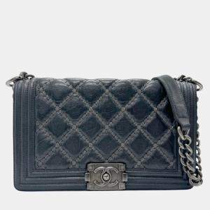 Chanel Leather Metal Silver Black Boy Chanel Shoulder Bag