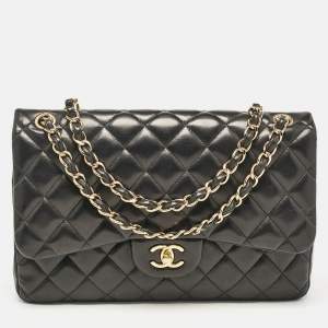 Pre Owned Chanel Black Quilted Leather Jumbo Classic Double Flap Bag