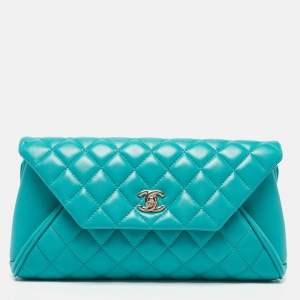 Pre Owned Chanel Turquoise Quilted Leather Fold Up Again Clutch