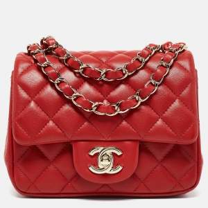 Pre Owned Chanel Red Quilted Leather Mini Square Classic Flap Bag