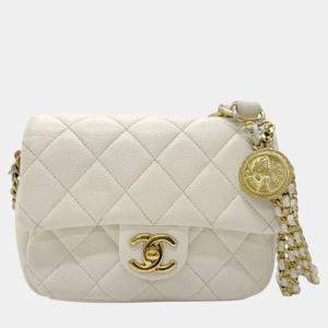 Pre Owned Chanel Caviar Leather Metal Off-White Gold Matelasse Shoulder Bag