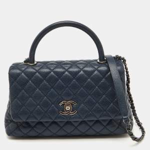 Chanel Navy Blue Quilted Caviar Leather Small Coco Top Handle Bag