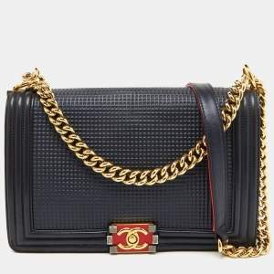 Chanel Navy Blue Leather Cube Embossed Medium Boy Flap Bag