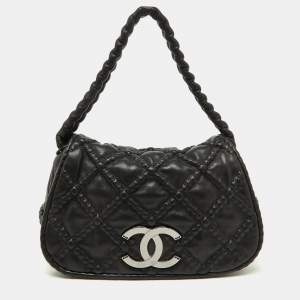 Pre Owned Chanel Black Leather Hidden Chain CC Logo Flap Bag