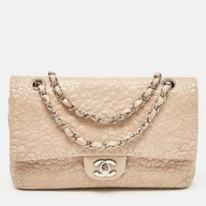 Pre Owned Chanel Beige Leather Medium Camellia Embossed Double Flap Flap Bag
