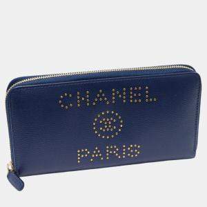 Chanel Blue Leather Calfskin Round Zipper Long Wallet