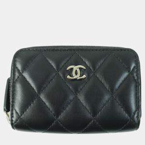 Chanel Black Silver Leather Lambskin Coin Case
