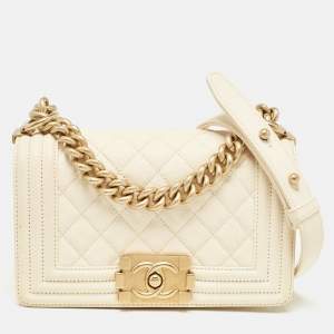 Pre Owned Chanel Cream Quilted Caviar Leather Small Boy Flap Bag