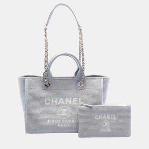 Chanel Canvas Leather Blue Deauville Small Tote Bag