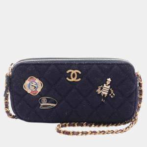 Pre Owned Chanel Wool Navy Matelasse Shoulder Bag