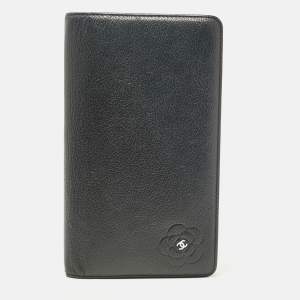 Chanel Black Leather CC Camelia Embossed Bifold Long Wallet