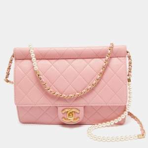 Pre Owned Chanel Pink Quilted Leather Pearl Chain Flap Bag 