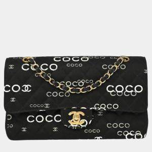 Chanel Black Canvas Coco Medium Classic Double Flap Shoulder Bag