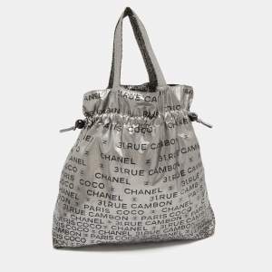 Pre Owned Chanel Silver Coated Nylon 31 Rue Cambon Graphic Drawstring Tote