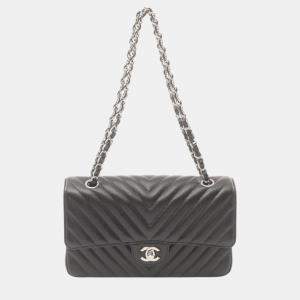 Chanel Leather Grained Calfskin Black Chevron V-Stitch W-Flap Shoulder Bag