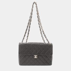Chanel Leather Grained Calfskin Black Deca Matelasse 30 Classic Large W-Flap Shoulder Bag