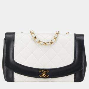 Chanel White Black Bicolor Lambskin Matelasse 25 Coco Mark Diana Chain Shoulder Bag