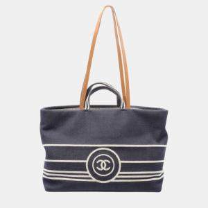 Chanel Denim Leather Navy White Brown Coco Mark Tote Bag