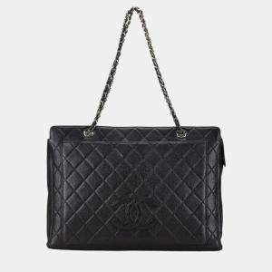 Chanel Black Silver Caviar Skin Coco Mark Chain Tote Bag