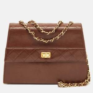 Pre Owned Chanel Brown Quilted Leather Trapezoid Flap Bag