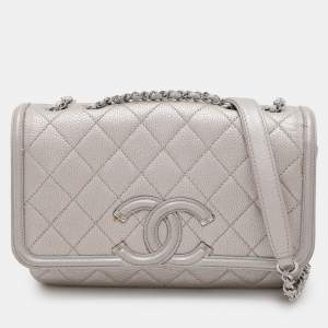Chanel Silver Quilted Caviar Leather Small Filigree Flap Bag