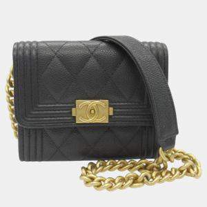 Chanel Leather Grained Calfskin Black Boy Chanel Chain Compact Wallet Shoulder Bag