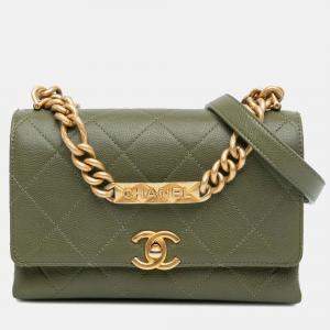 Chanel Green Mini Quilted Caviar Bracelet On Chain Flap