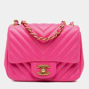 Chanel Pink Mini Square Classic Chevron Lambskin Flap