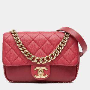 Chanel Red Small Quilted Caviar Studded Chain Handle Flap