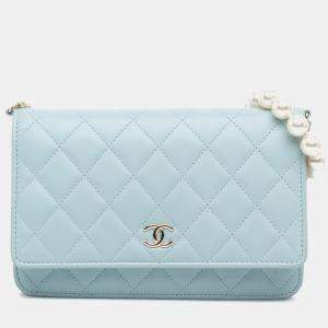 Chanel Blue CC Lambskin Pearl Wallet On Chain