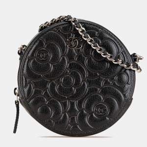 Chanel Black Goatskin Camellia Round Clutch with Chain