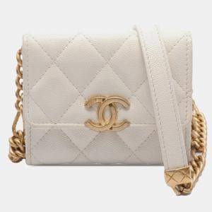 Chanel White Quilted Caviar Card Holder on Chain