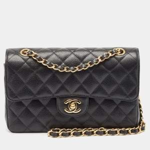 Pre Owned Chanel Black Quilted Caviar Leather Small Classic Double Flap Bag