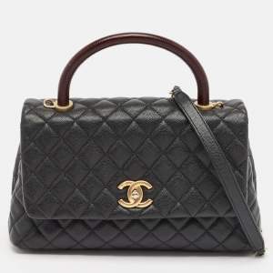 Chanel Black/Burgundy Quilted Caviar Leather Medium Coco Top Handle Bag