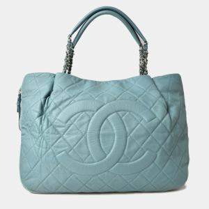 Chanel Blue Leather Chain Coco Mark Quilted Tote Bag