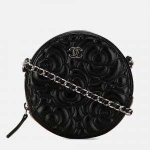 Chanel Black Leather Camellia Round Mini Chain Shoulder Bag