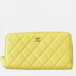 Chanel Yellow Caviar Skin Coco Mark Long Zip Wallet