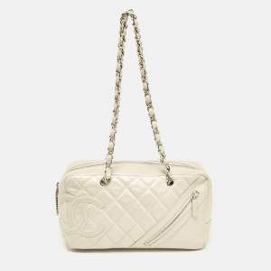 Pre Owned Chanel Light Beige Quilted Aged Leather Cotton Club Bowler Bag