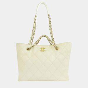 Pre Owned Chanel White Caviar  Leather Chain Tote Bag