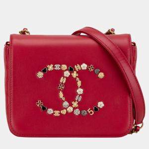 Chanel Red Lambskin Leather Coco Mark Heart Flower Chain Shoulder Bag